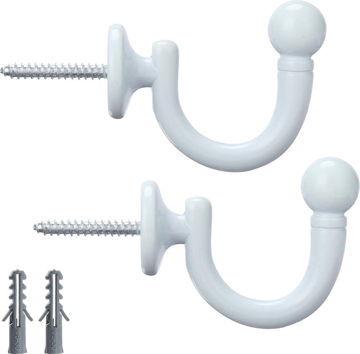 Gordijn, holdback, gordijnhouder, ronde kop, gordijnhaken, wandhouder, gordijnhouder, kwasthouder, raamgordijn, vouwhouder, kleding, mantel, hoed, handdoekhouder, set van 2, wit