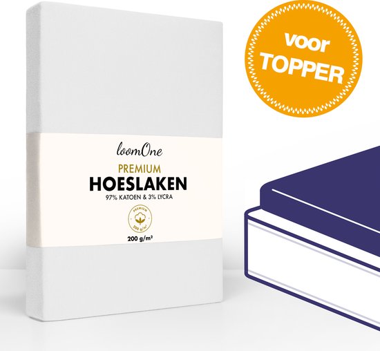 Loom One Premium Topper Hoeslaken – 97% Jersey Katoen / 3% Lycra – 180x200 cm – tot 12cm matrasdikte– 200 g/m² – voor Boxspring-Waterbed - Wit