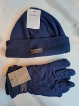 Winterset heren blauw: Muts met 2 lagen fleece en Handschoenen dubbele laag fleece en velcrosluiting aan de pols