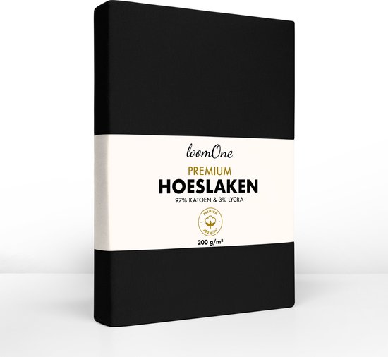 Hoeslaken Loom One Premium – 97% Jersey Katoen / 3% Lycra – 120x200 cm – jusqu'à 25 cm d'épaisseur de matelas – 200 g/m² – pour Lit à Eau Boxspring - Zwart