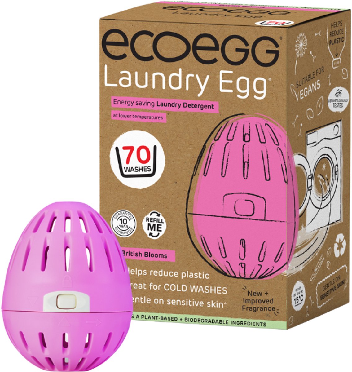 EcoEgg Was ei – British Blooms- Wasparels – Navulbaar – Geschikt voor de gevoelige huid – Dermatologisch getest - 70 wasbeurten (Roze)