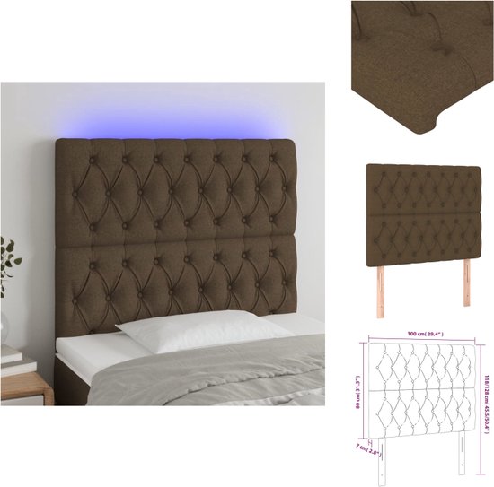 vidaXL Tête de lit LED marron foncé - 100 x 7 x 118/128 cm - réglable - matériau en tissu durable - Partie lit