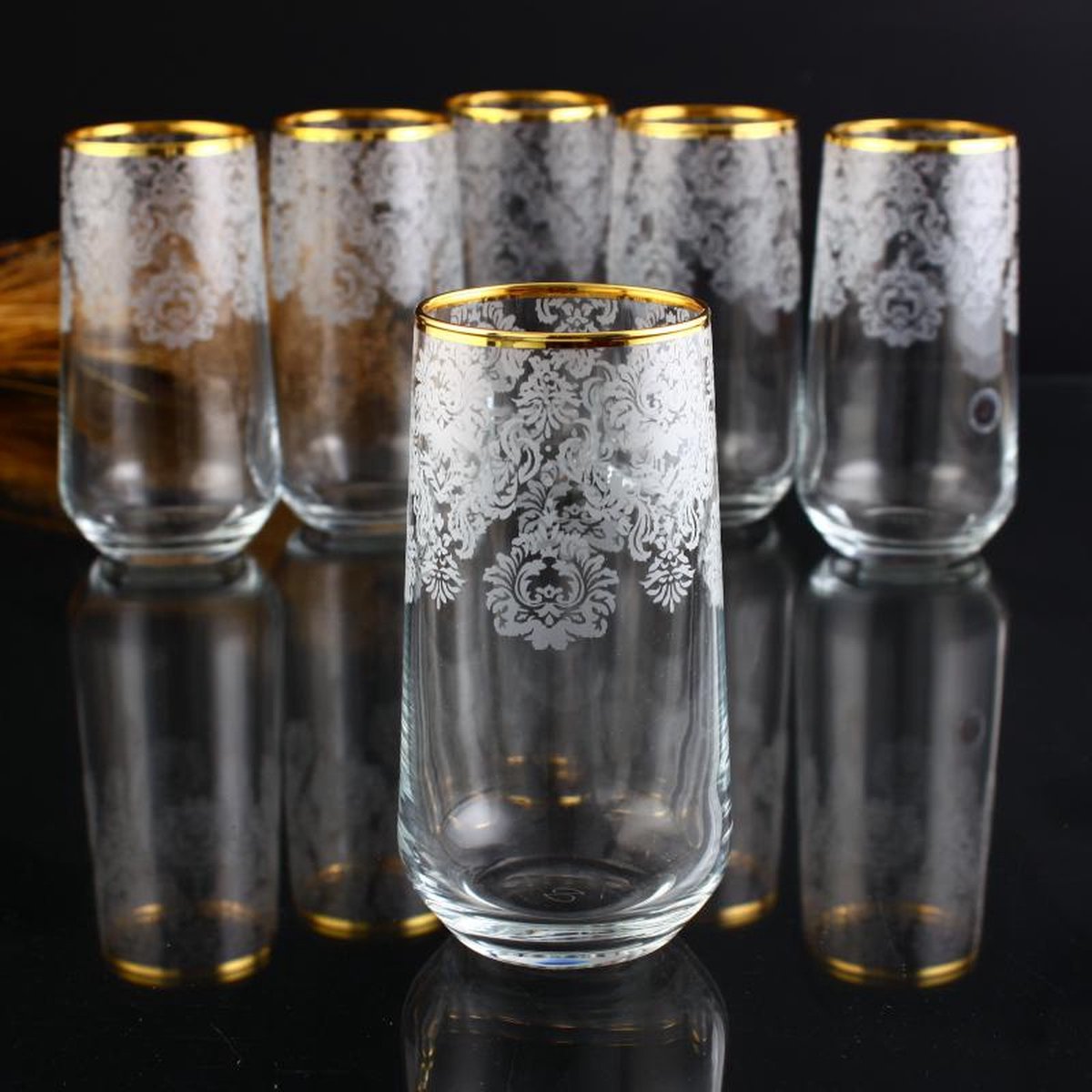 Abka Kristal - Helena Goud - Longdrinkglas set (470 ml) - met de hand versierd met 24-karaats goud - 6 stuks