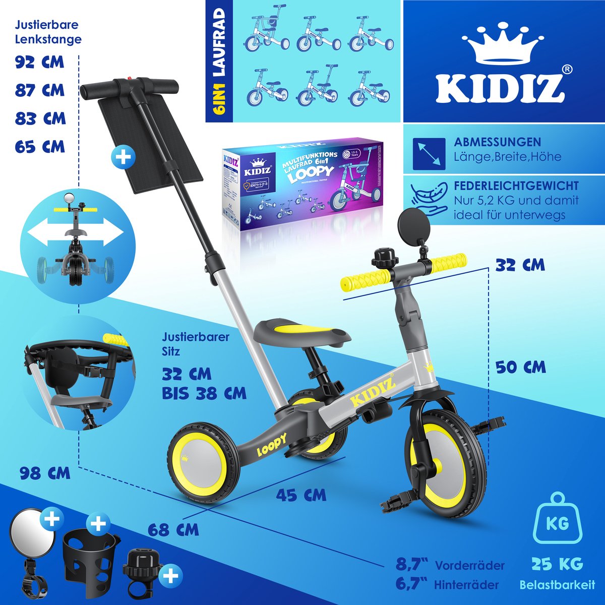 Kidiz® Loopfiets, 6 in 1, driewieler, van 1 tot 5 jaar, loophulp