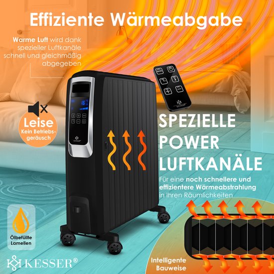 KESSER® Olieradiator, 2500 W, elektrische verwarming, verwarming, energiebesparend met display, wifi-app en afstandsbediening, touchscreen, mobiele olie-radiator, 24 uur timer, thermostaat