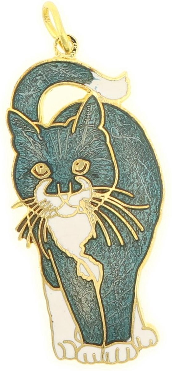 Behave - Hanger poes kat blauw emaille goudkleur - artistieke dierenstijl