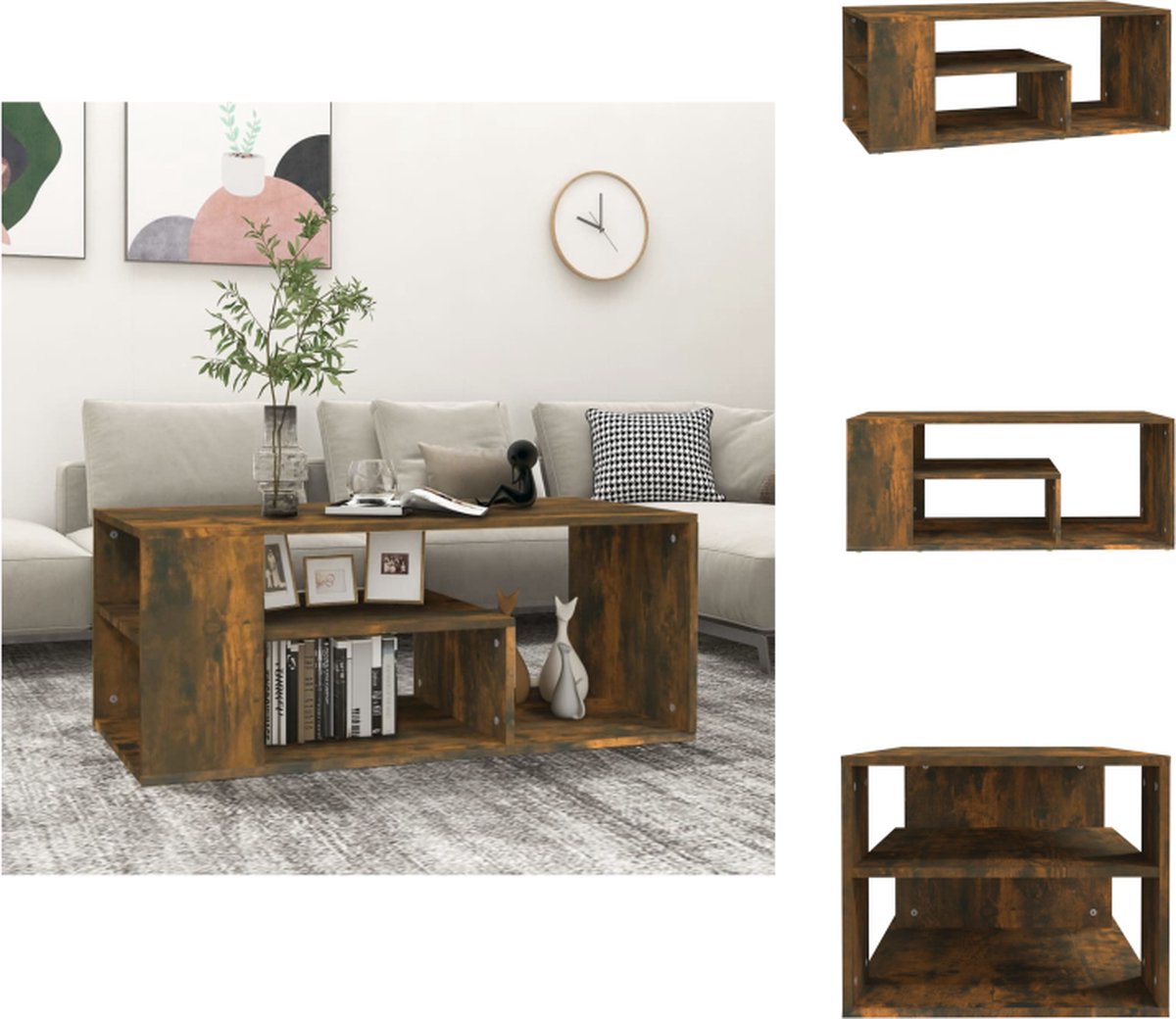 VidaXL Salontafel Bewerkt Hout 100x50x40 cm Gerookt Eiken Opbergruimte Tafel