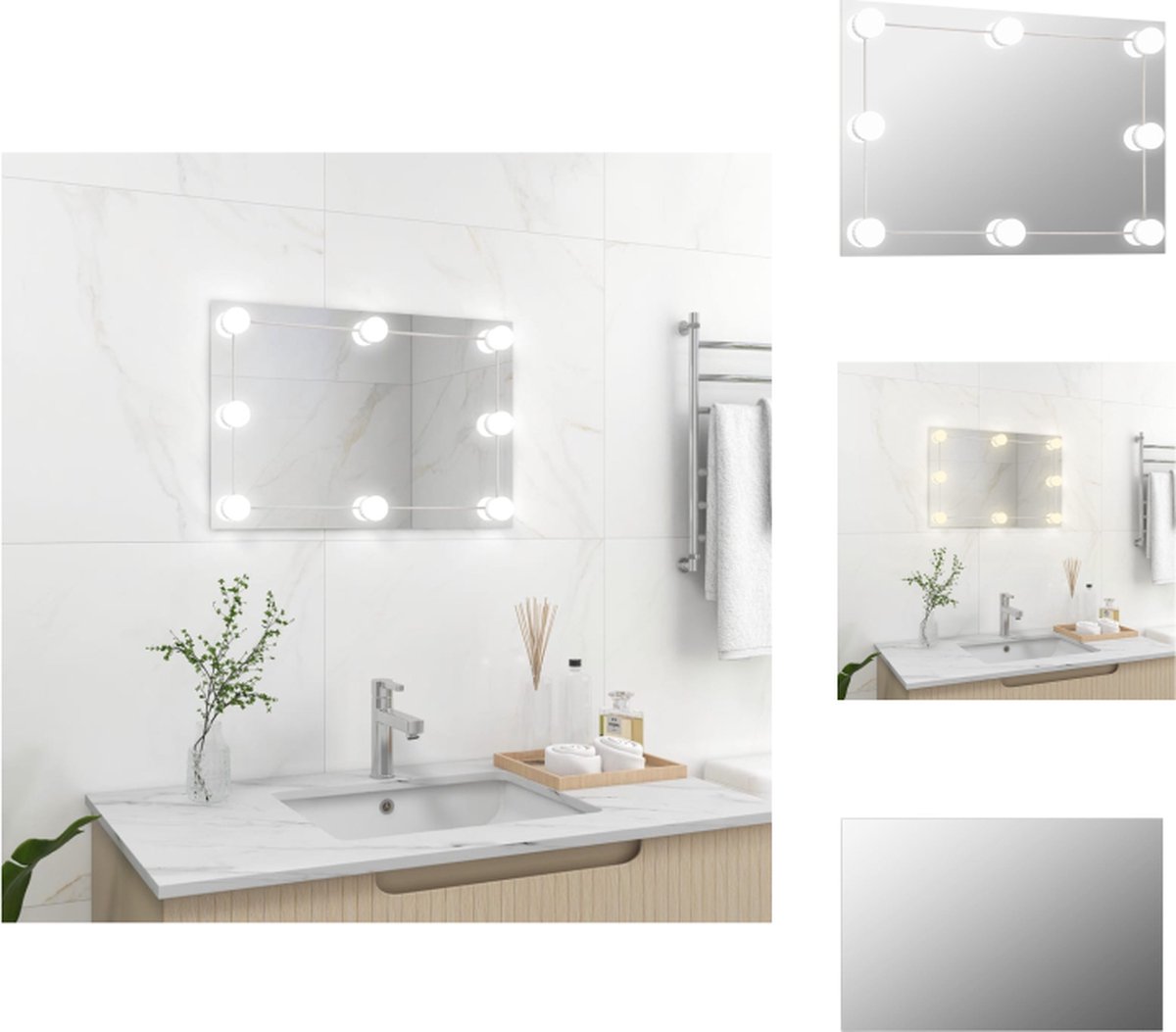 VidaXL Wandspiegel LED-lampen 60x40 cm Zilver Warmwit Koudwit Glas Kunststof 3.000K 6.000K 5V USB Montage vereist Spiegel