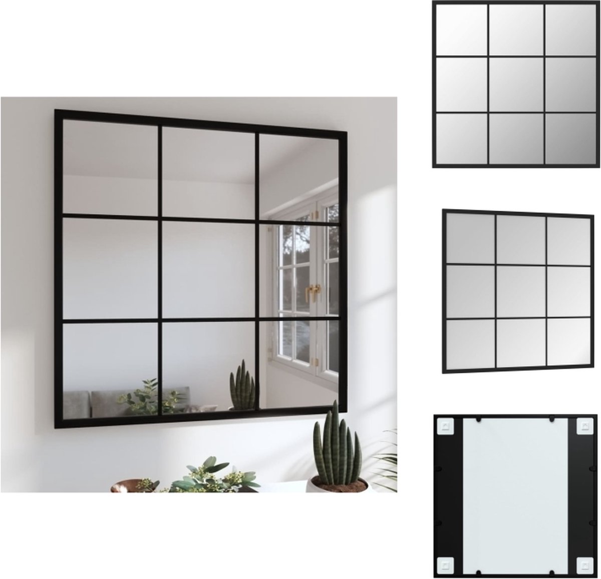 VidaXL Wandspiegel Zwart Metaal en Glas 60 x 60 cm Tijdloos Ontwerp Spiegel