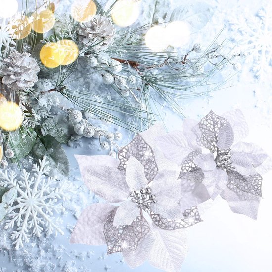24 stuks kerst fonkelende kerstster bloemen met clips