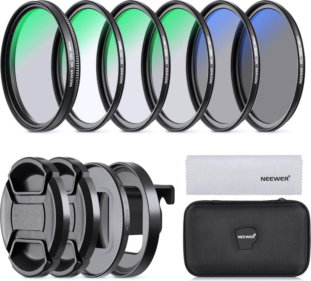Neewer® - 58mm Lensfilter Set - Compatibel met GoPro Hero 8 7 6 5 - Neutral Density Pole Filter Set - 4 ND Filters (ND4/ND8/ND16/ND32), CPL Filter - UV Filter