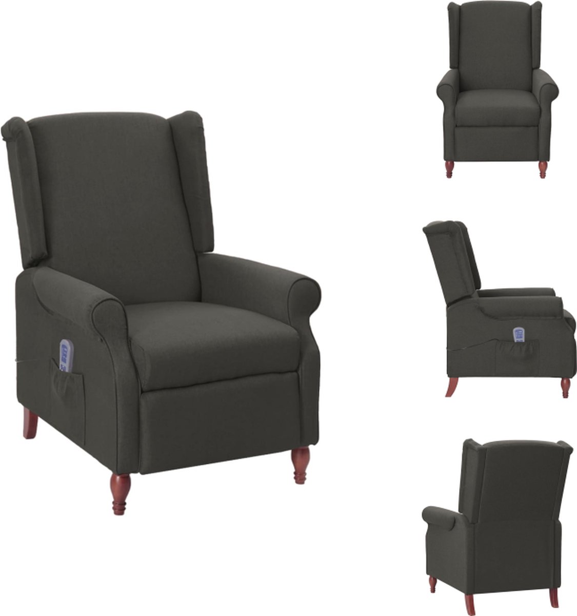 VidaXL Massagestoel Ergonomisch Donkergrijs 74.5 x 85.5 x 102 cm Verstelbaar Houten frame Stoffen bekleding 4 functies 3 intensiteitsniveaus Met verwarmingsfunctie Inclusief afstandsbediening USB-aansluiting Fauteuil