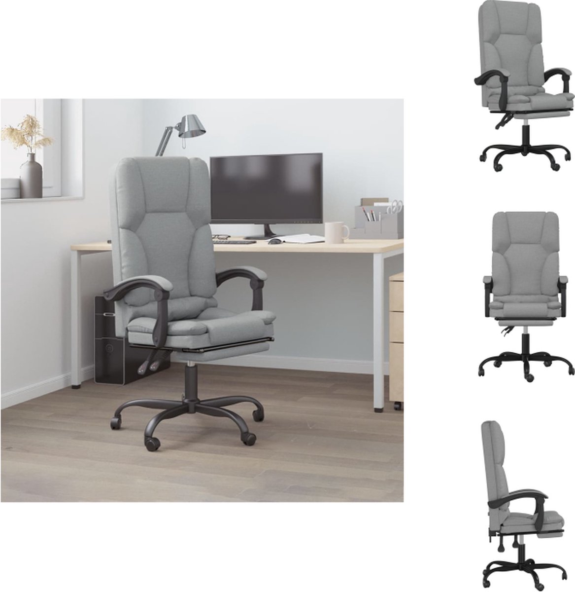 vidaXL Verstelbare bureaustoel - lichtgrijs - 63 x 56 x (110.5-120) cm - massagefunctie - Bureaustoel