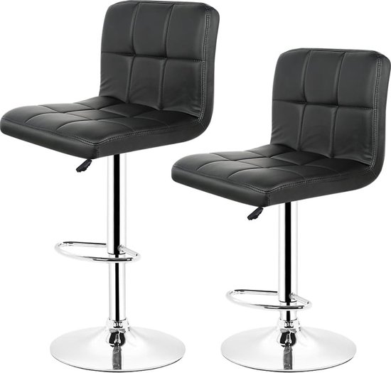Set van 2 barkrukken van kunstleer, in hoogte verstelbaar, stoel met rugleuning en voetensteun verchroomd (2-zwart)