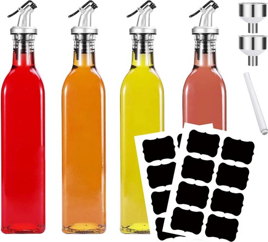 Otauoaea Set van 2 oliefles, 500 ml, olijfoliedispenser, vierkant, automatische olie- en azijnfles voor keuken, met etiketten en trechter Otauoaea Set van 2 oliefles, 500 ml, olijfoliedispenser, vierkant, automatische olie- en azijnfles voor keuken, met etiketten en trechter
