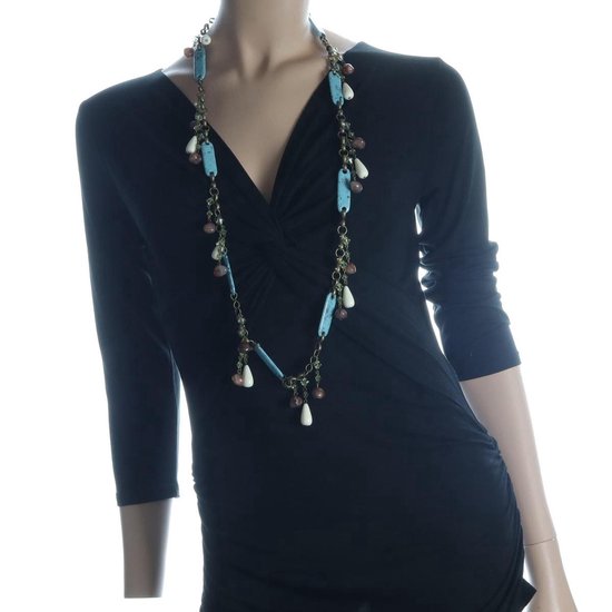 Collier Behave couleur or avec perles bleu marron et blanches 100 cm