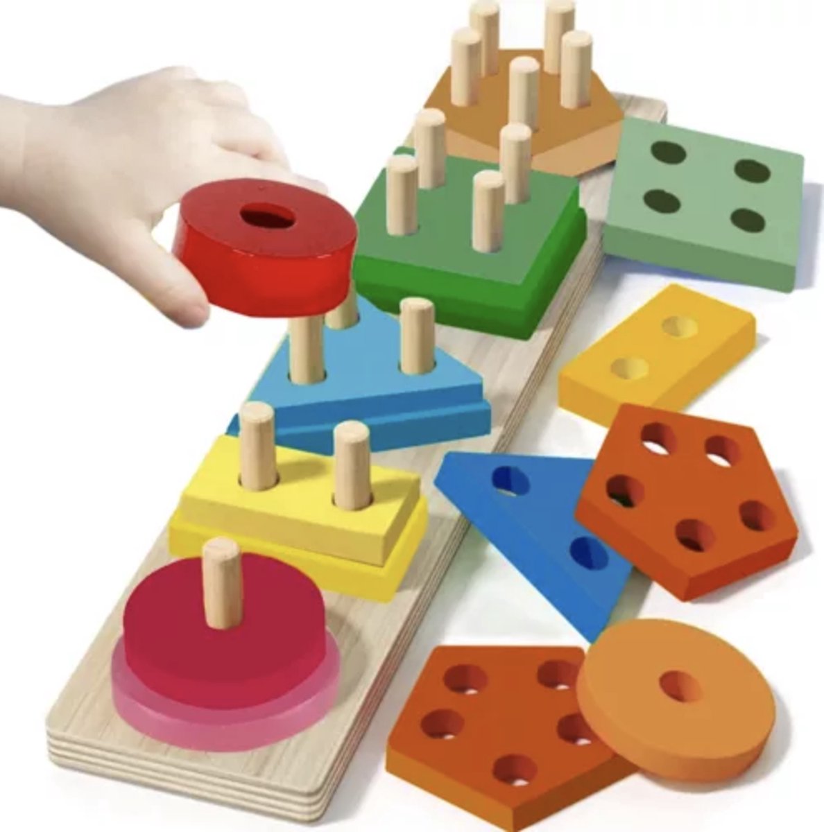 Playos® - Geometrische Vormen Sorteren - 5 Vormen - Rechthoek - Stapeltoren - Vormenstoof - Houten Stapelspeelgoed - Houten Puzzel - Educatief Speelgoed - Vissen - Kleuren en Vormen leren