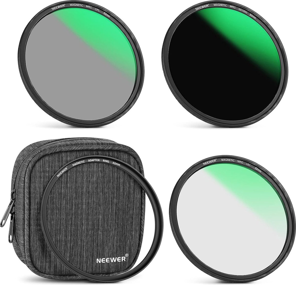 Neewer® - 52mm 4-in-1 Magnetische Lensfilter Set met Neutrale Dichtheid ND1000 Filter + MCUV + CPL + Adapterring, met 42 Lagen Coating/Ultradun/Waterdicht/Krasbestendig Magnetisch Filter Set en Tas