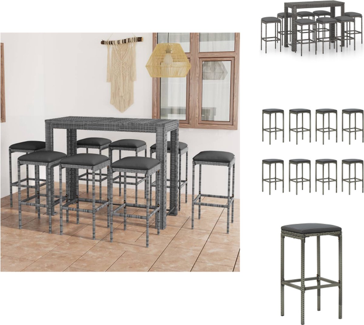 VidaXL Barset Grijs Tafel- 140.5 x 60.5 x 110.5 cm Stoelen- 38 x 38 x 76 cm Inclusief 8 krukken en kussens Tuinset