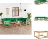 vidaXL Loungeset Pallet - 4 hoekbanken - 5 middenbanken - 1 tafel - 64x64x70 cm - Groen kussen - Grenenhout - Tuinset