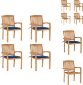 vidaXL Tuinstoelen - Hout - Stapelbaar - 60x57.5x90 cm - Koningsblauw kussen - Weerbestendig - Inclusief 4 stoelen en 4 zitkussens - Montage vereist - Tuinstoel