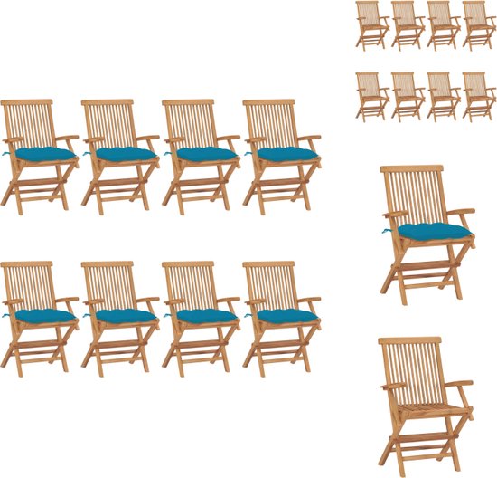 vidaXL Tuinstoelenset - Teakhout - 8 stoelen - Lichtblauw kussen - Tuinstoel