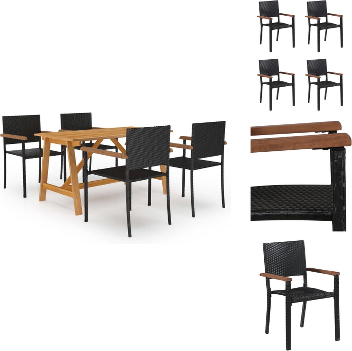 VidaXL Acacia Garden Dining Set 140 x 70 x 73.5 cm Brown Black PE Rattan and Powder-Coated Steel Tuinset