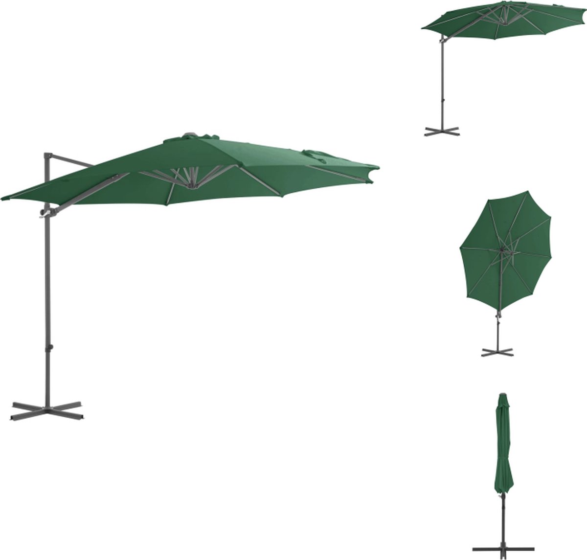 VidaXL Hangende Parasol Green 300 x 255 cm UV-beschermend polyester Kantelbaar en 360 graden draaibaar Inclusief 8 stalen baleinen Parasol