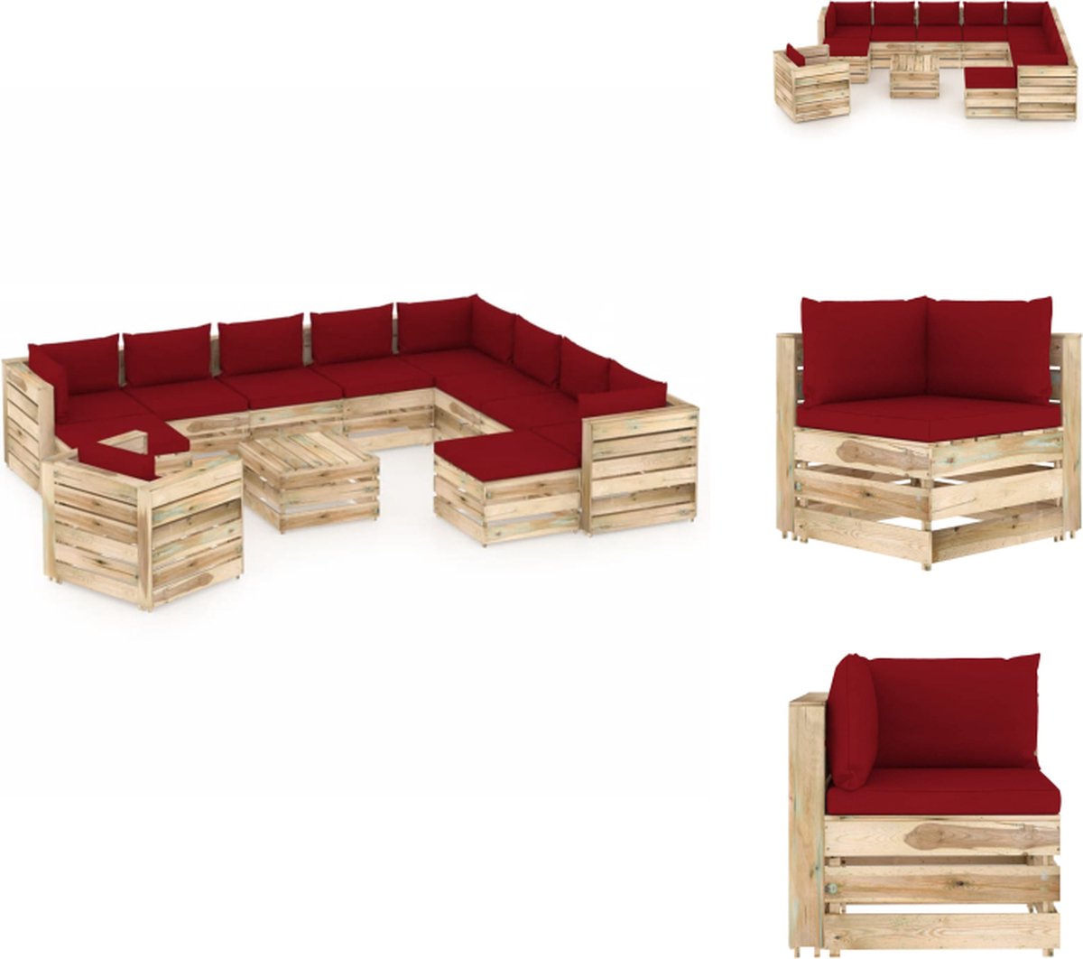 VidaXL Pallet Loungeset Grenenhouten tuinmeubelen Complete set 69 x 70 x 66 cm Wijnrood kussen Montage vereist Tuinset