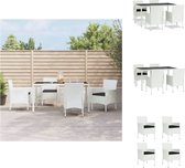 vidaXL Tuinset - wit - 150 x 90 x 75 cm - poly rattan - gepoedercoat staal - gehard glas - 4 stoelen - zwart kussen - Tuinset