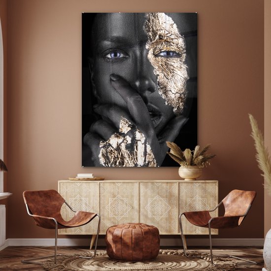 MuchoWow® Peinture sur verre 120x160 cm - Peinture sur verre acrylique - Femme - Or - Zwart - Maquillage - Luxe - Photo sur verre - Peintures