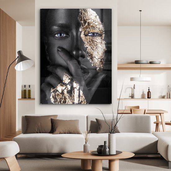 MuchoWow® Peinture sur verre 120x160 cm - Peinture sur verre acrylique - Femme - Or - Zwart - Maquillage - Luxe - Photo sur verre - Peintures