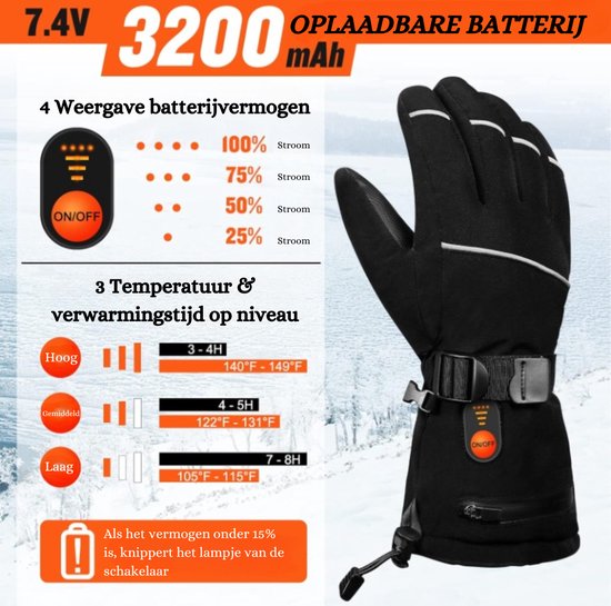 SBTXHJWCGLD Elektrische verwarmde handschoenen oplaadbare 2200mAh batterij 3 verwarmingsniveaus touchscreen verwarming thermische handschoen voor mannen vrouwen XL