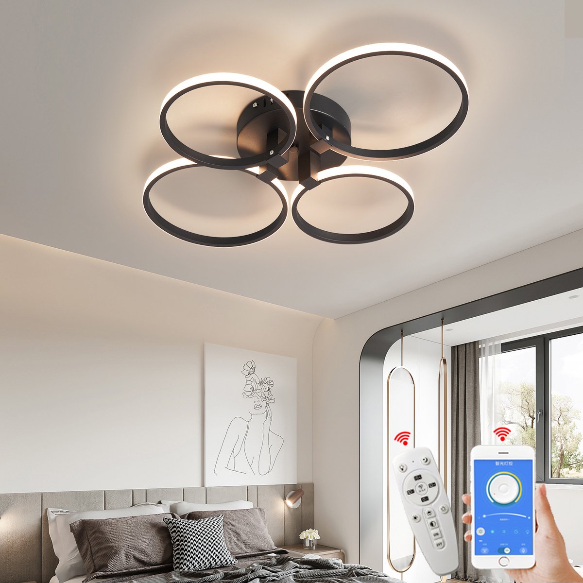 4 Ringen Plafondlamp - Zwart - Afstandsbediening - Dimbaar Met App - Smart lamp - Woonkame