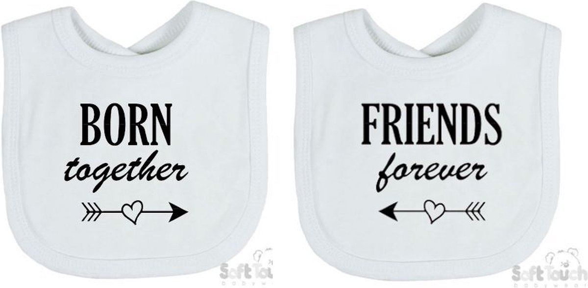 Goedkoopste Soft Touch 2-pack Slabber Slabbetje Slab Born together Friends forever Unisex Tweeling Katoen Wit/zwart Maat 33x22 Cm