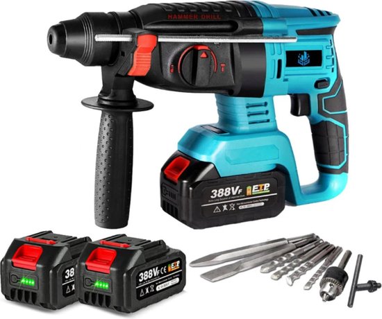 Klopboormachine - Met 4 Standen - Inclusief Twee 18v Accu's & 8 Borenset - Geschikt Voor Makita 18v Accu's - Trigger Met Variabele Snelheid -Met Handgreep - Blauw