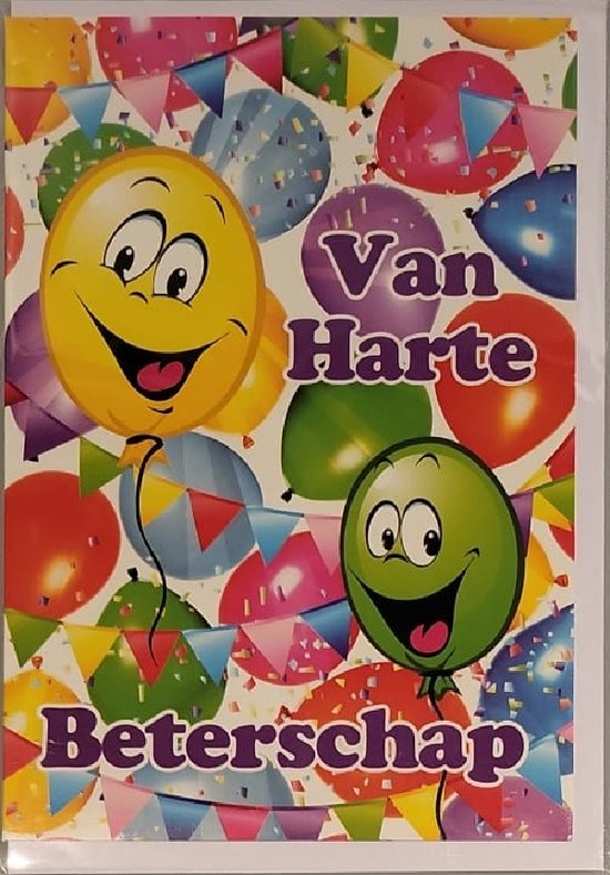 Van harte beterschap! Met deze kleurrijke kaart en vrolijke smileys in de ballonnen voel jij je vast snel weer beter. Een leuke kaart om zo te geven of om bij een cadeau te voegen. Een dubbele wenskaart inclusief envelop en in folie verpakt.