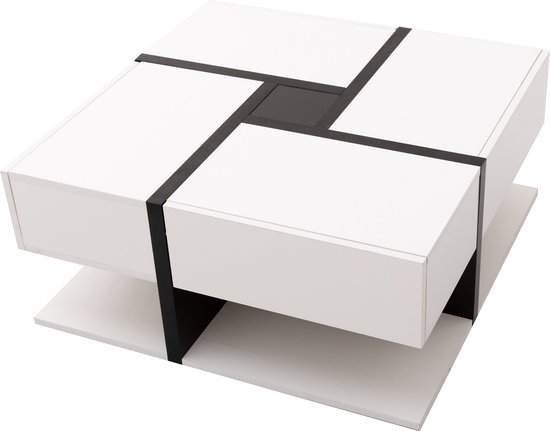 Merax Salontafel Vierkant - Hoogglans Tafel met Opbergruimte - Salontafels met Lade - Wit met Zwart