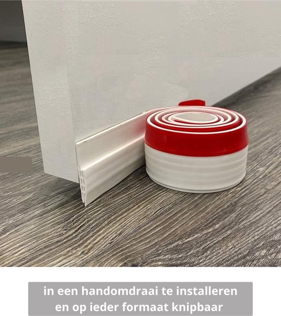 Witte tochtstrip op rol, met rode accenten. Gemakkelijk te installeren.