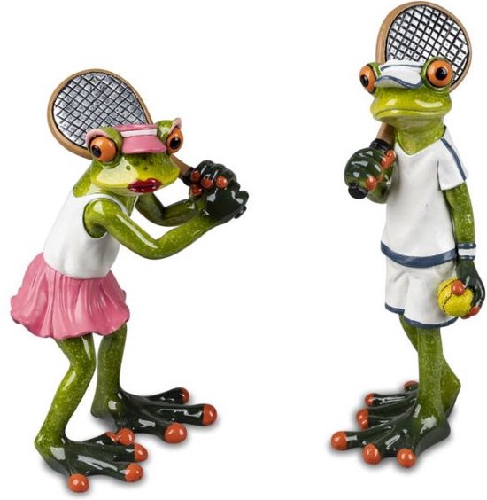 Kikkerbeeldje tennisser en tennisster 18 cm - kunsthars set van twee sport beeldjes