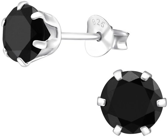 Joy|S - Zilveren oorknoppen - rond 6 mm - zirkonia zwart - oorbellen