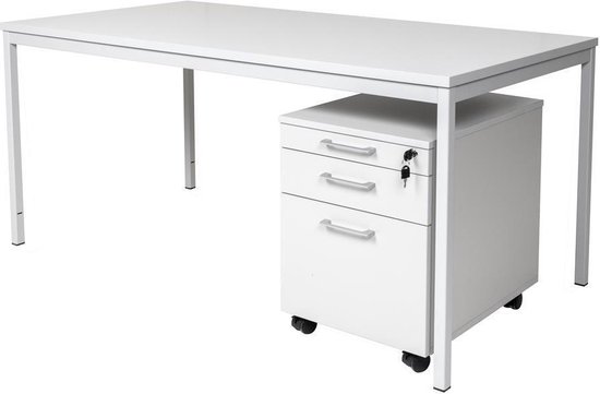 Furni24 Bureau 200x80x75 cm gris avec roll-conteneur en bois 3 tiroirs gris