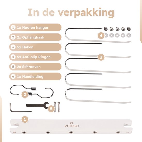 Inhoud van de verpakking: houten hanger, ophanghaken, haken, anti-slip ringen, schroeven en handleiding.