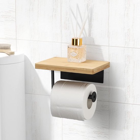 Porte-papier toilette sans perçage avec étagère en bambou, porte-papier  toilette noir