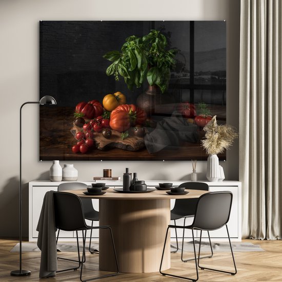 MuchoWow® Peinture sur verre 160x120 cm - Peinture sur verre acrylique - Nature morte - Tomates - Basilic - Tableau - Végétal - Zwart - Photo sur verre - Peintures