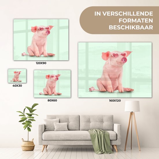 MuchoWow® Peinture sur verre 40x30 cm - Peinture sur verre acrylique - Cochon - Rose - Lunettes - Prise - Animaux - Photo sur verre - Peintures