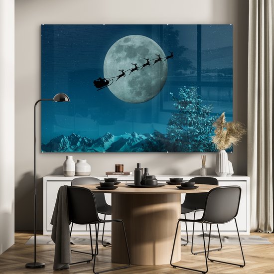 MuchoWow® Peinture sur verre 150x100 cm - Peinture sur verre acrylique - Rennes avec le Père Noël dans les airs - Photo sur verre - Peintures