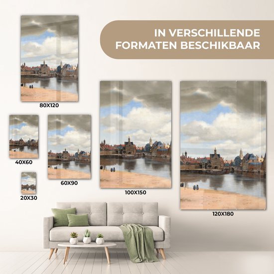 ® Glasschilderij 80x120 cm - Schilderij acrylglas - Gezicht op Delft - Schilderij van Johannes Vermeer - Foto op glas - Muurdecoratie woonkamer - Wanddecoratie slaapkamer - Schilderijen