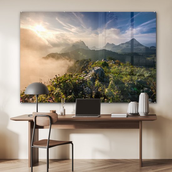 MuchoWow® Peinture sur verre - Berg dans la brume - 150x100 cm - Peintures sur verre acrylique - Photo sur Glas