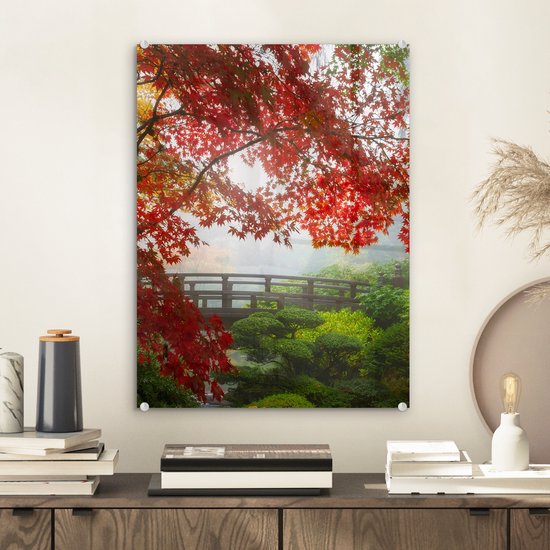 Peinture sur verre - Japonais - Pont - Érable du Japon - Arbres - Nature - Verre acrylique - Photo sur verre - 30x40 cm - Peinture sur verre nature - Décoration murale verre - Décoration murale - Peinture verre